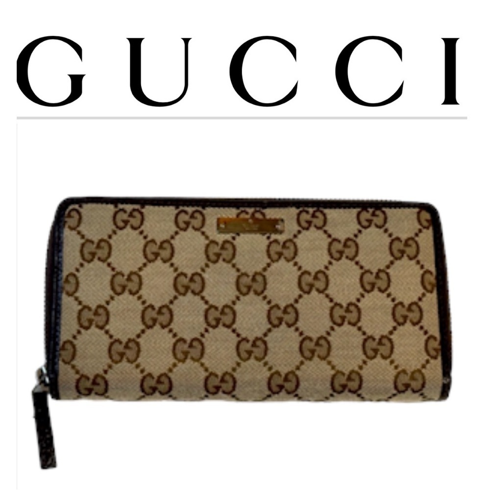 Gucci Monogram Canvas Dark Chocolate Italian Leather Zippy Wallet/Organizer Euc
